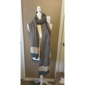 Emilime Women's Alpaca Wool Scarf Teal Beige Soft Cozy 85” x 8” Knit Long